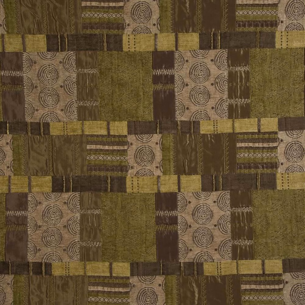 Patchwork woven fabric in tan, olive and brown with spiral and stripe motifs