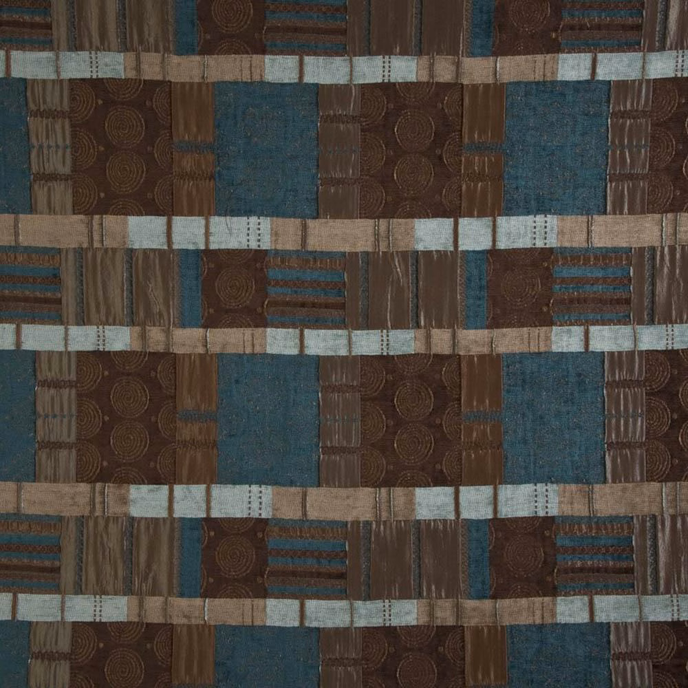 Textured checked fabric swatch in deep teal, brown, taupe and pale blue