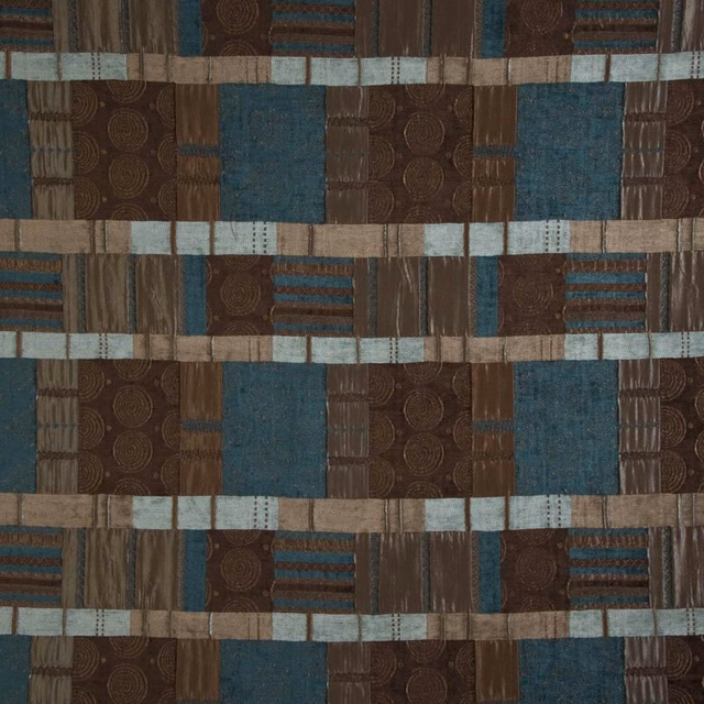 Textured checked fabric swatch in deep teal, brown, taupe and pale blue