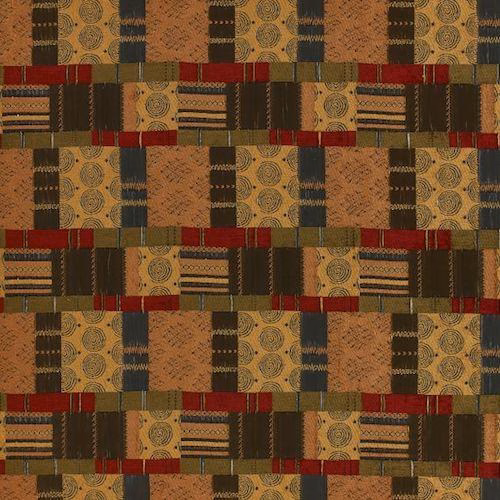 Patterned fabric swatch with terracotta, olive, brown and red geometric blocks