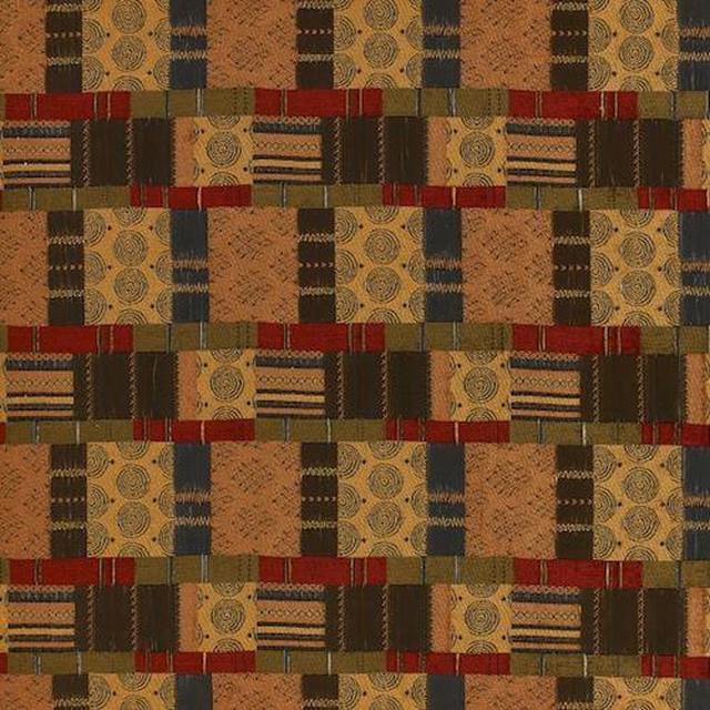 Patterned fabric swatch with terracotta, olive, brown and red geometric blocks