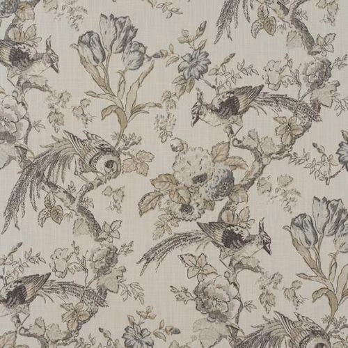 Pale dove-grey cotton fabric with bird and floral print in taupe tones