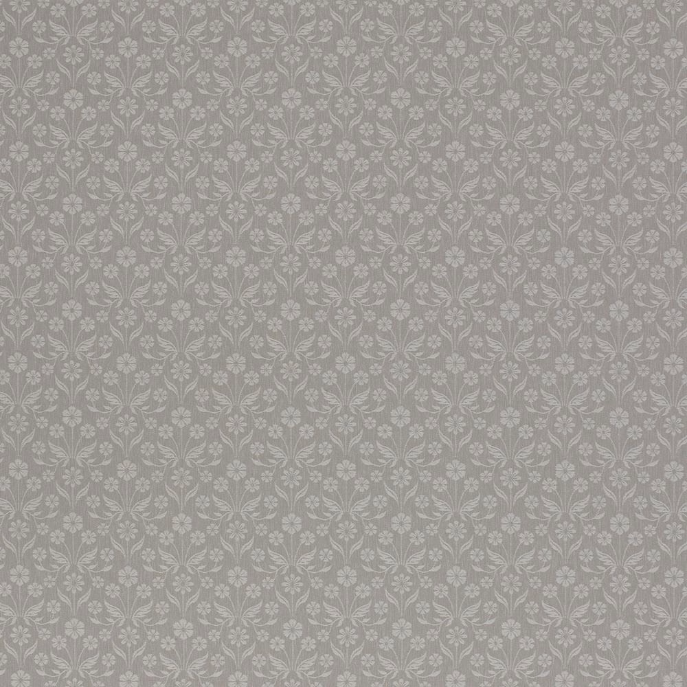 Small repeating floral fabric in soft dove grey with pale leaf motif