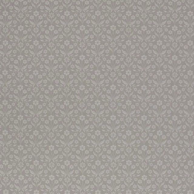 Small repeating floral fabric in soft dove grey with pale leaf motif
