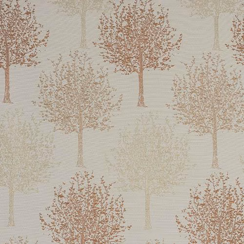 Pale ground fabric with repeating burnt orange and beige tree motif