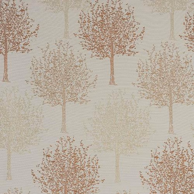 Pale ground fabric with repeating burnt orange and beige tree motif