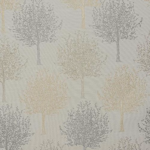 Pale tree motif fabric in dove grey, cream and soft beige on a light ground