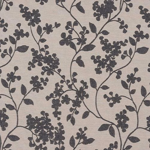 Soft grey floral vine fabric with dark blossom clusters on a pale ground