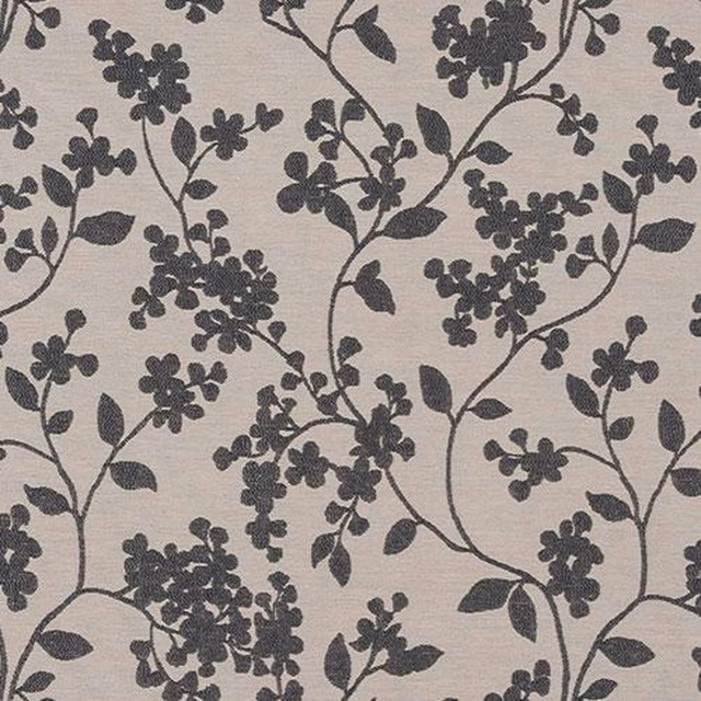 Soft grey floral vine fabric with dark blossom clusters on a pale ground