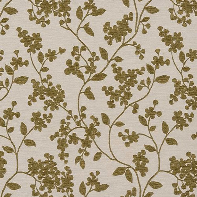 Olive floral vine fabric on a pale ground with small blossom clusters