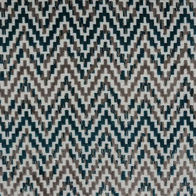 Teal and grey zigzag chevron woven fabric swatch with pale ground