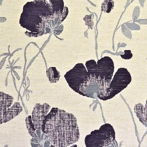 Large aubergine floral print on a warm ivory textured ground