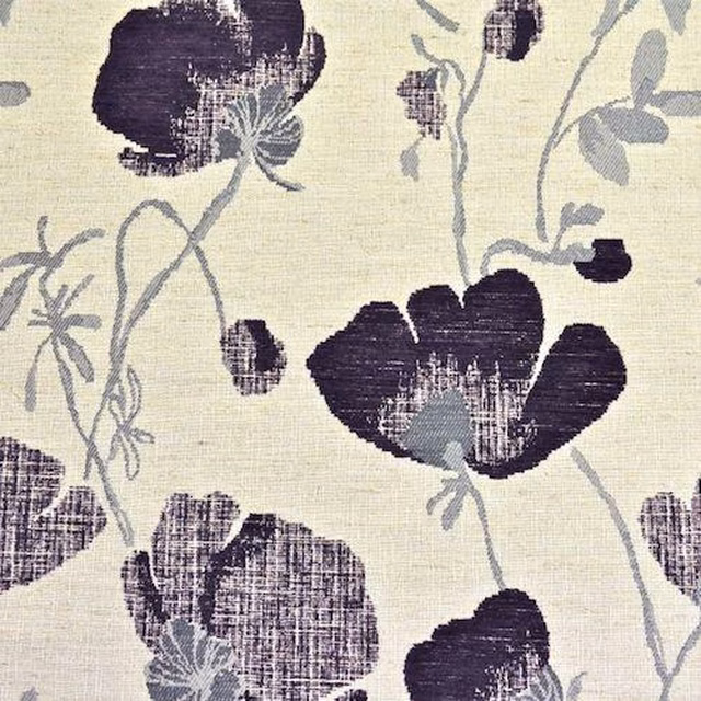 Large aubergine floral print on a warm ivory textured ground