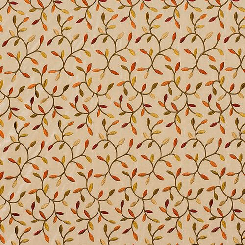 Cream fabric swatch with small trailing leaf motif in rust, gold and olive