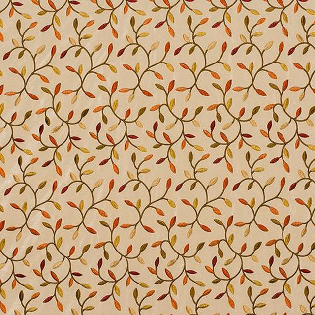 Cream fabric swatch with small trailing leaf motif in rust, gold and olive