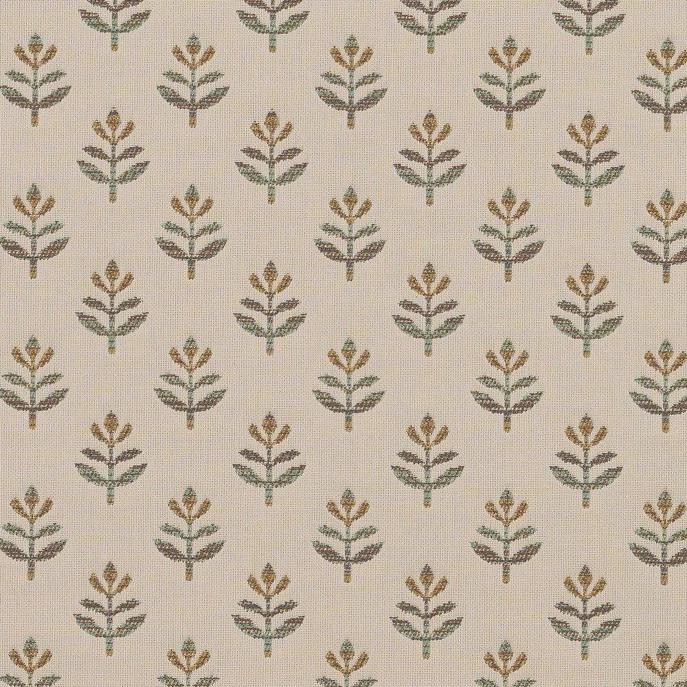 Small repeating botanical motif in muted green, ochre and brown on a warm beige fabric