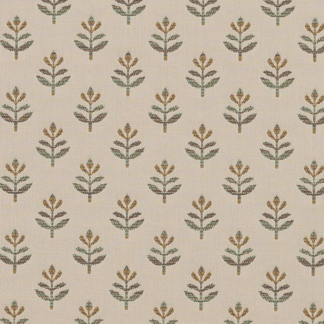 Small repeating botanical motif in muted green, ochre and brown on a warm beige fabric