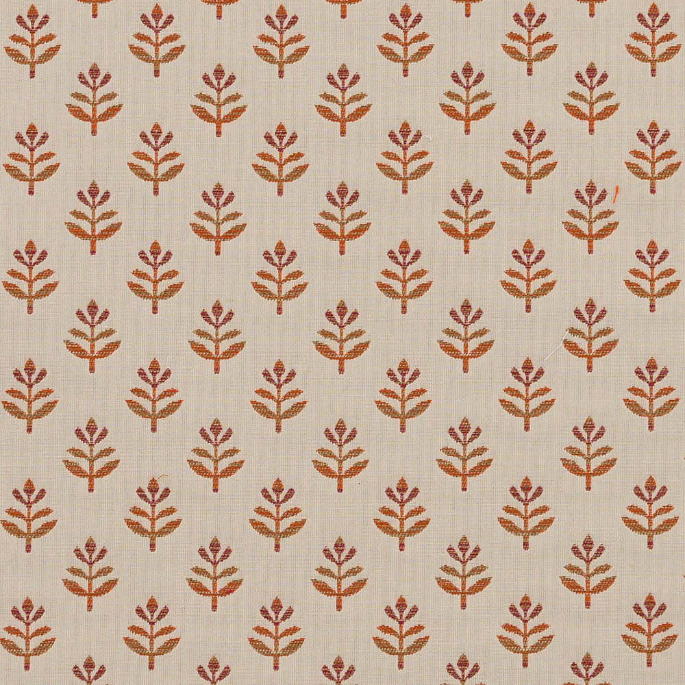 Pale ground fabric with small burnt orange leaf motif repeat