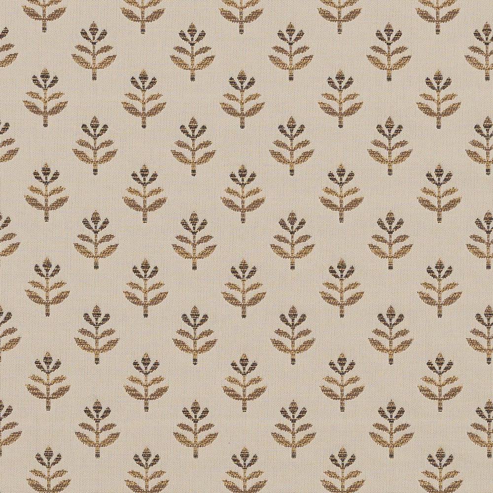 Warm beige fabric with small brown leaf motif in an orderly repeat