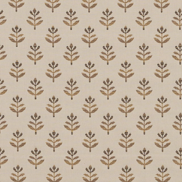 Warm beige fabric with small brown leaf motif in an orderly repeat