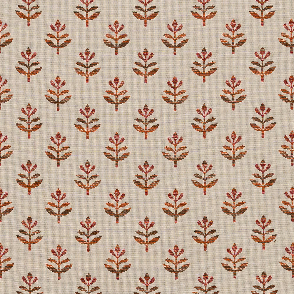Ivory woven fabric with small repeating rust-red botanical motifs
