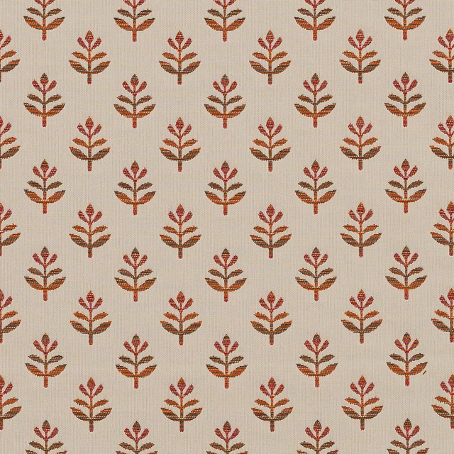 Ivory woven fabric with small repeating rust-red botanical motifs