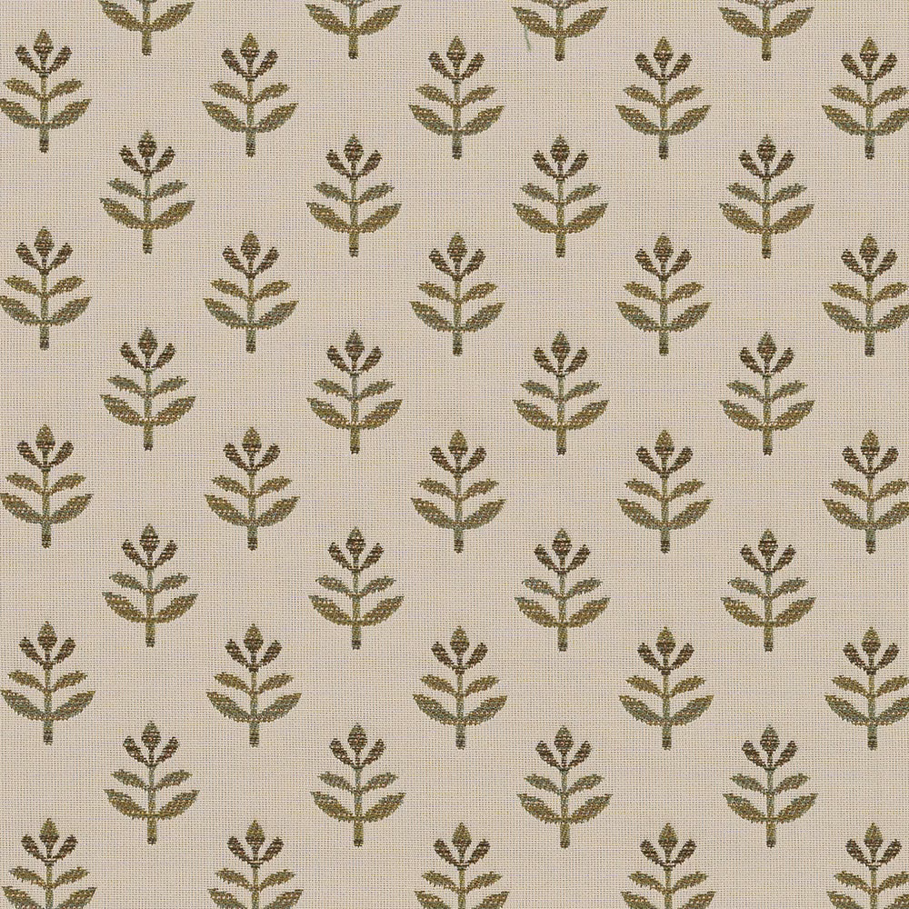 Ivory woven fabric with small verdigris botanical sprigs