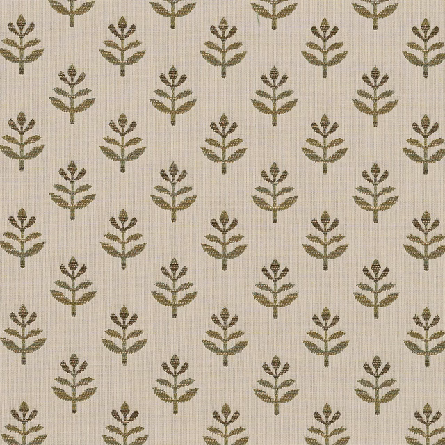 Ivory woven fabric with small verdigris botanical sprigs