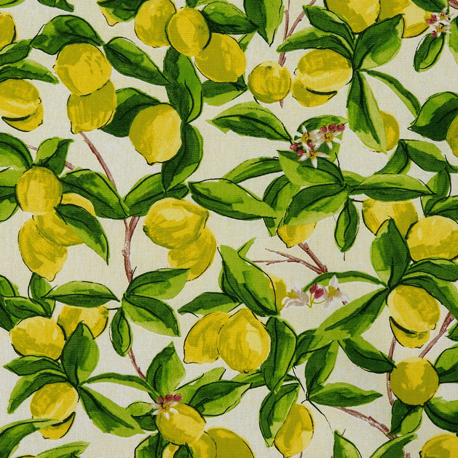 Painterly yellow lemons and green leaves on a pale ground