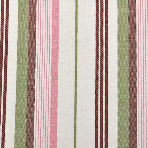 Vertical pink, green and burgundy stripes on an off-white cotton swatch