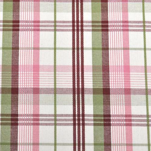 Rose pink and olive green checked cotton fabric with burgundy stripes