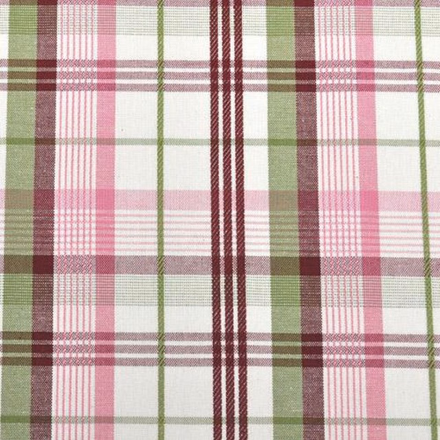 Rose pink and olive green checked cotton fabric with burgundy stripes