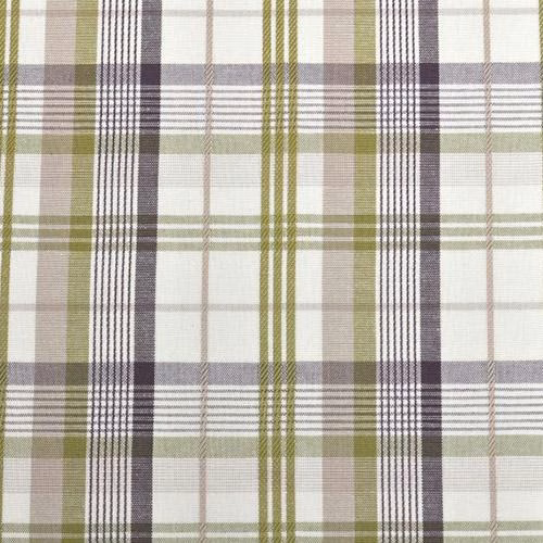 Grape and olive plaid cotton fabric on a pale ground with fine woven texture