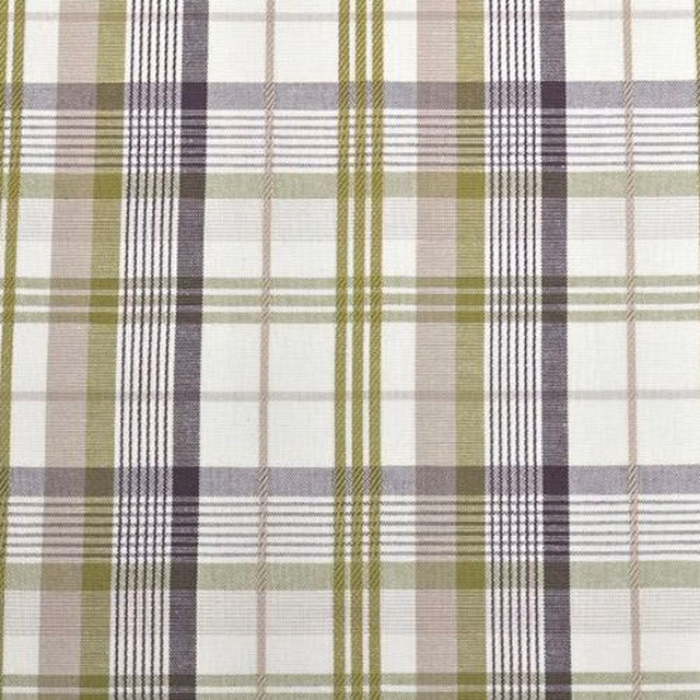 Grape and olive plaid cotton fabric on a pale ground with fine woven texture