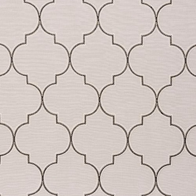Light grey geometric fabric with charcoal trellis outlines and subtle woven texture