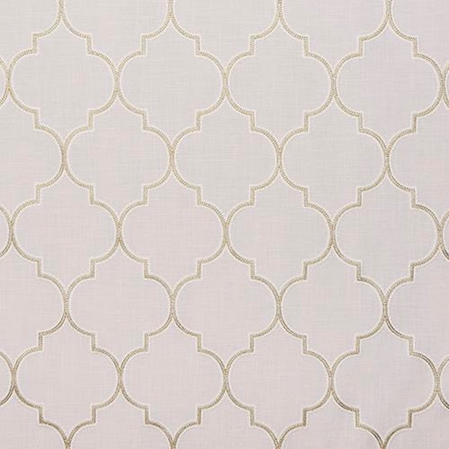 Pale fabric swatch with a large ochre geometric trellis pattern