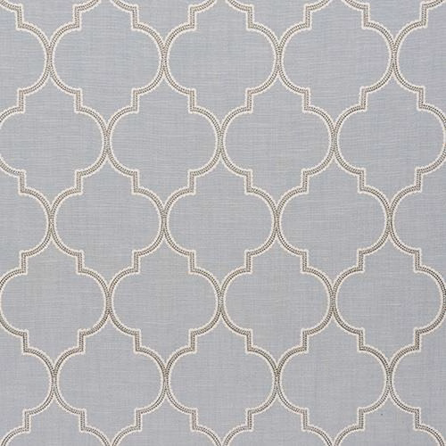 Pale seafoam-grey geometric fabric with repeating arched trellis motif