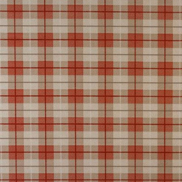 Red tartan check on a cream and taupe ground with a wipe-clean PVC finish