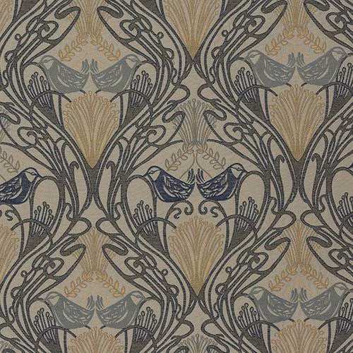 Decorative damask fabric with deep navy, slate and beige scrolling motifs