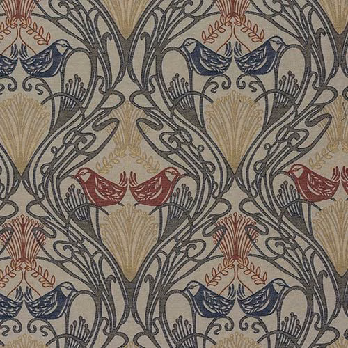 Large damask fabric in terracotta red, navy and beige with scrolling bird motifs