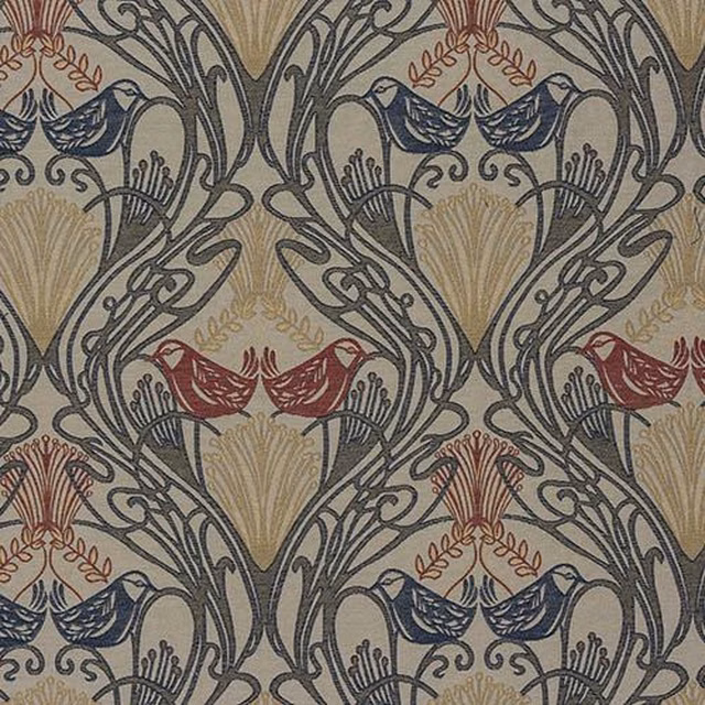 Large damask fabric in terracotta red, navy and beige with scrolling bird motifs