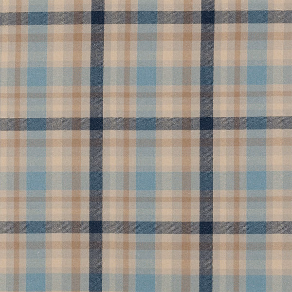 Cornflower blue and beige tartan check fabric with navy grid lines