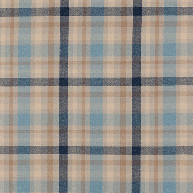 Cornflower blue and beige tartan check fabric with navy grid lines