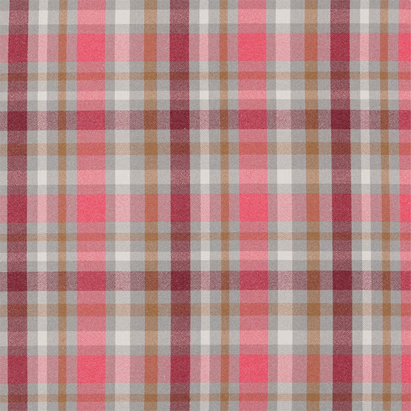 Pink and neutral checked fabric swatch with bright fuchsia blocks and woven texture