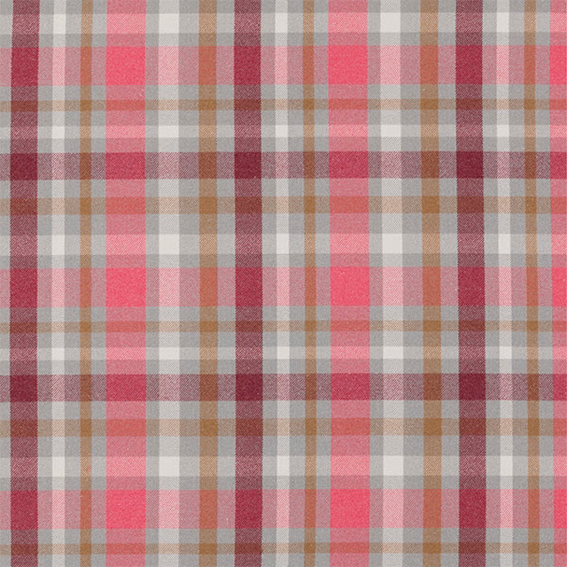 Pink and neutral checked fabric swatch with bright fuchsia blocks and woven texture