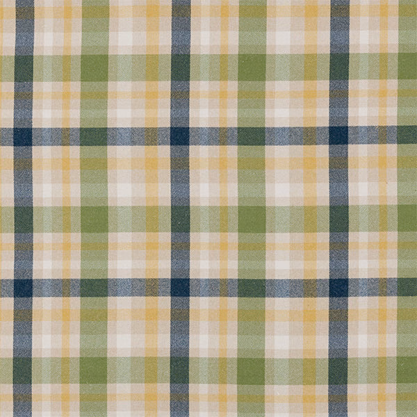 Ochre, sage green and blue checked woven fabric swatch on a light ground