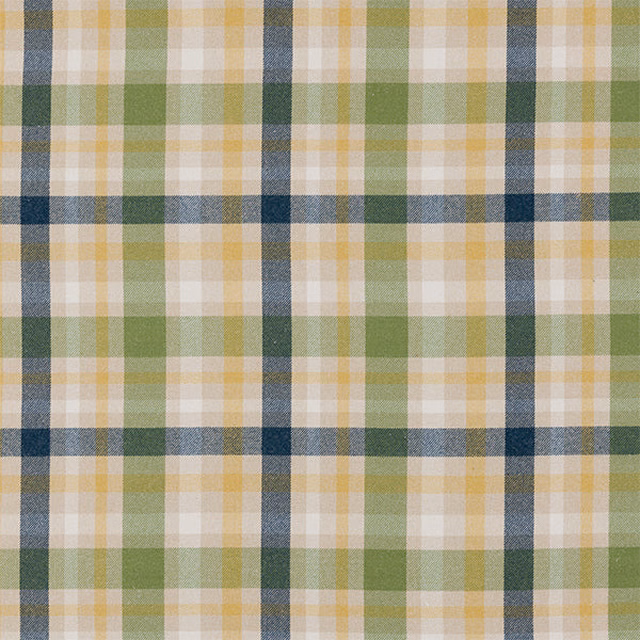 Ochre, sage green and blue checked woven fabric swatch on a light ground
