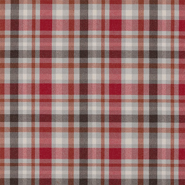 Raspberry red tartan check fabric with grey, cream and brown woven stripes