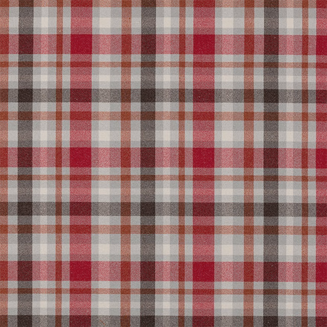 Raspberry red tartan check fabric with grey, cream and brown woven stripes