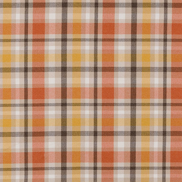 Warm tartan-style fabric in terracotta, mustard, cream and brown checks